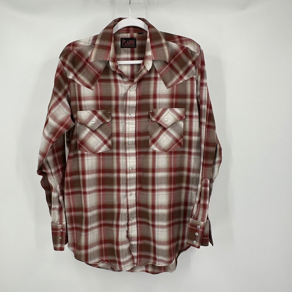 Plains Western Wear Mens Plaid Pearl Snap Shirt Size L Cowboy Ranch Rockabilly